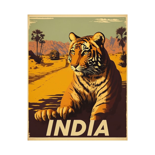 India Tiger Vintage Travel Art Poster by OldTravelArt