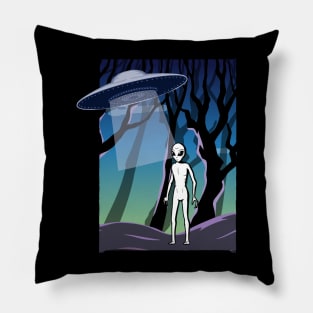 Ufo alien funny cute flying spaceship astronaut moon mars cosmic forest Pillow