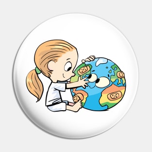 little girl cares for the injured planet earth Pin