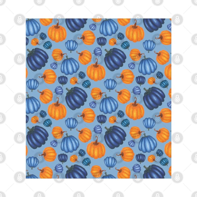 Pretty Orange & Blue Pumpkin Pattern on a Blue Background by karenmcfarland13