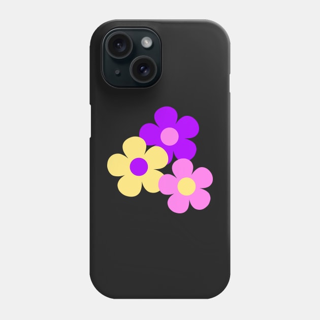 60's Flower Power Pop Flowers in Pink, Purple and Yellow on Black Phone Case by MellowCat