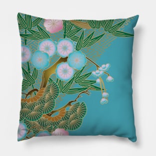 Cherry blossom, bamboo and pine tree on azure background Pillow