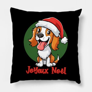 Brittany Breton Spaniel Dog Wearing Santa Hat Merry Christmas in French Pillow