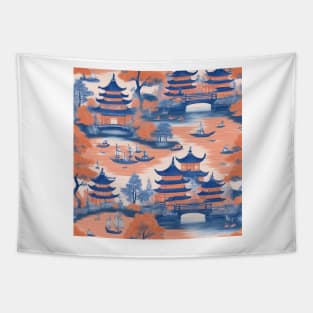 Orange and blue chinoiserie landscape Tapestry