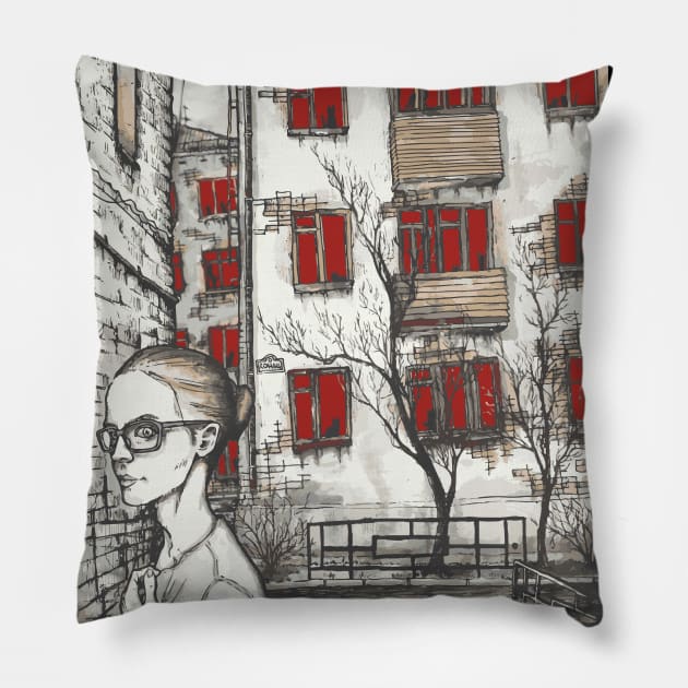 girl with glasses on the background of houses with red windows Pillow by Takeshi Kolotov