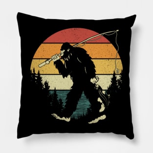 Bigfoot Fishing Retro Sunset Pillow