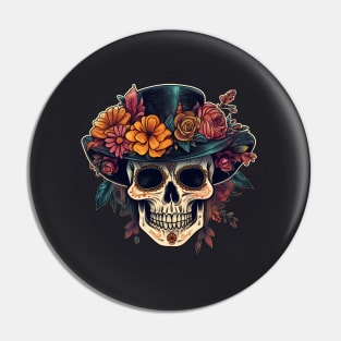 Floral Sugar Skull wearing Hat / Calavera de Azúcar Pin