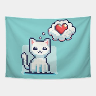 Pixel Cat with Heart Cloud Tapestry