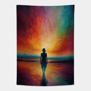 Woman Standing on Shoreline at Sunset With Radiant Sky Reflections in Water Tapestry