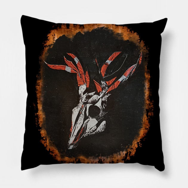 Wendigo Skull traditional media decoupage burned wood scary cryptid deer monster skeleton skinwalker native american legend Pillow by sandpaperdaisy