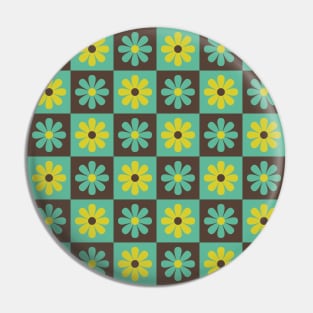 Teal Mod Flower Checkers Pin