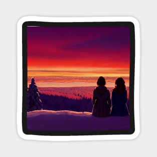 The Girls Watching the Sunset at Winter Magnet