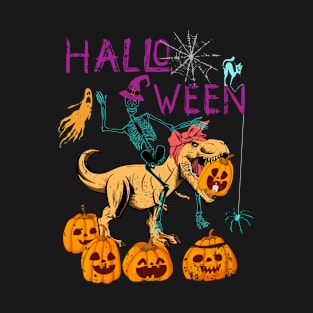 Halloween Skeleton Riding Dinosaur with Messy Bun T-Shirt