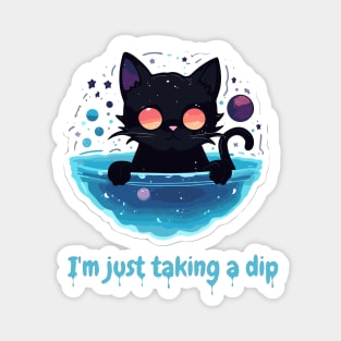 Black Cat Taking a Dip in a galaxy Bowl Magnet