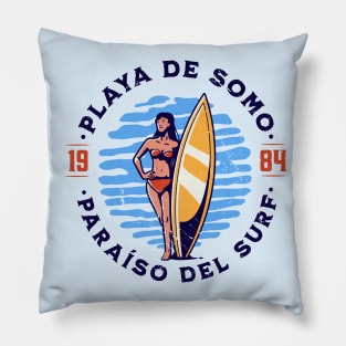 Vintage Playa de Somo, Spain Surfer's Paradise // Retro Surfing 1980s Badge B Pillow