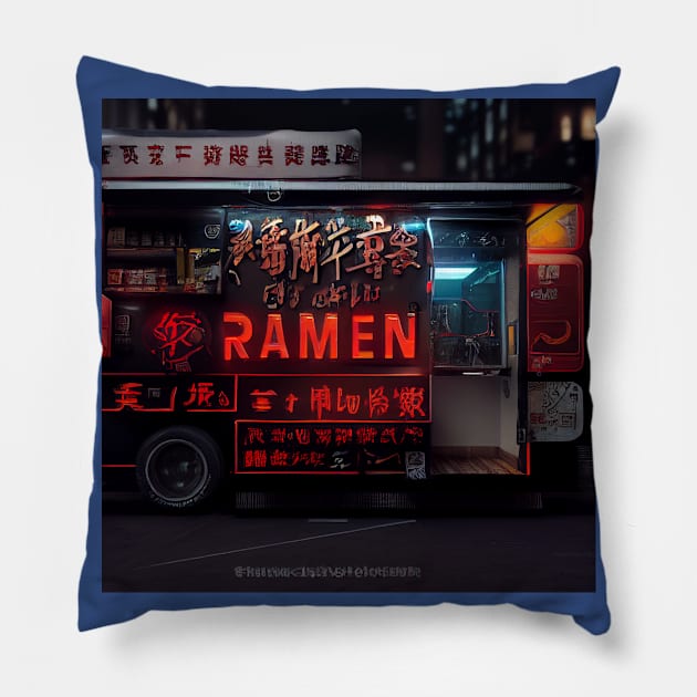 Cyberpunk Tokyo Ramen Food Truck Pillow by Grassroots Green