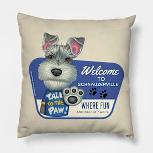 Cute Schnauzer Dog in Schnauzerville for fun and mischief Pillow