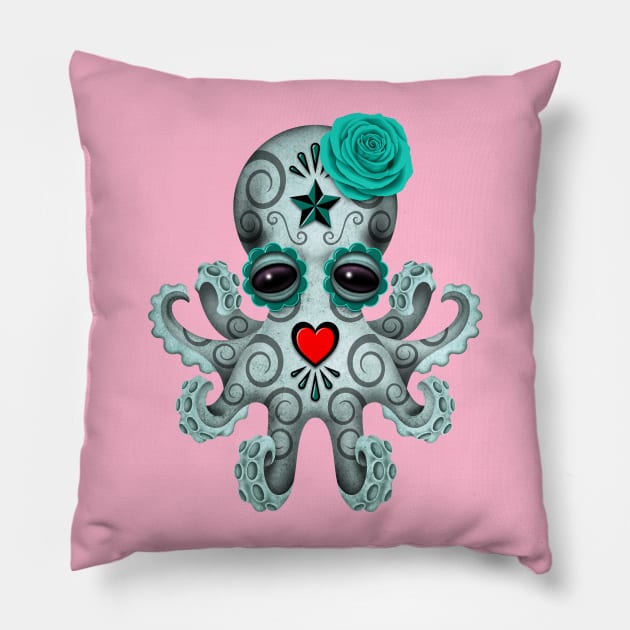 Blue Day of the Dead Sugar Skull Baby Octopus Pillow by jeffbartels