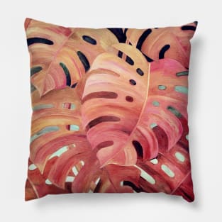 Monstera Love in Magenta and Coral - oil painting Pillow