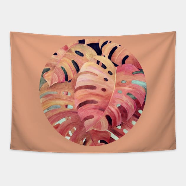 Monstera Love in Magenta and Coral - oil painting Tapestry by micklyn