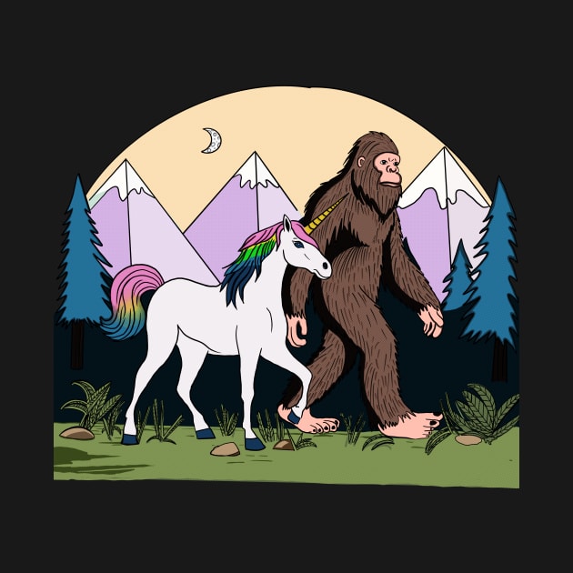 Mythical Creatures Bigfoot And Unicorn In The Wild Halftone by UNDERGROUNDROOTS