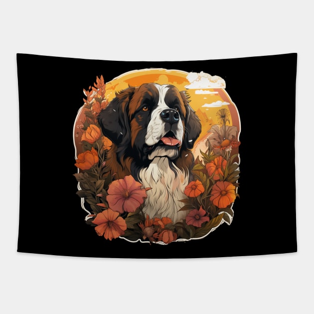 Saint Bernard Dog Flower Tapestry by Paul Walls