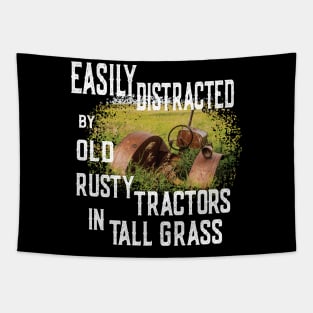 Vintage Retro: Easily Distracted by Old Rusty Tractors in Tall Grass Tapestry