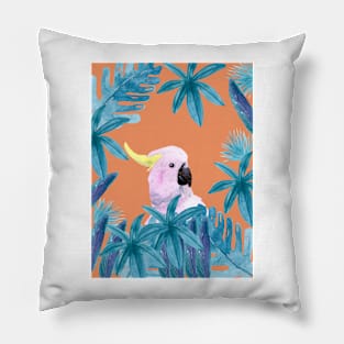 Cockatoo with tropical leaves in watercolor and a coral background Pillow