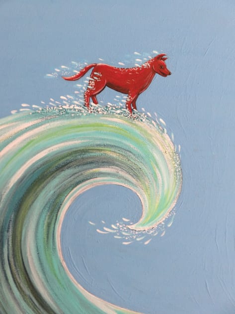 Red dog surfing Kids T-Shirt by SoozieWray