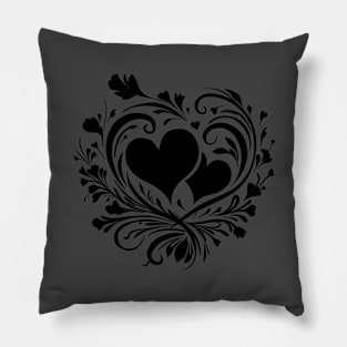 Elegant Black Heart and Floral Swirls Love Theme Pillow