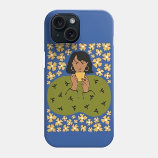 Woman with coffee and flowers Phone Case