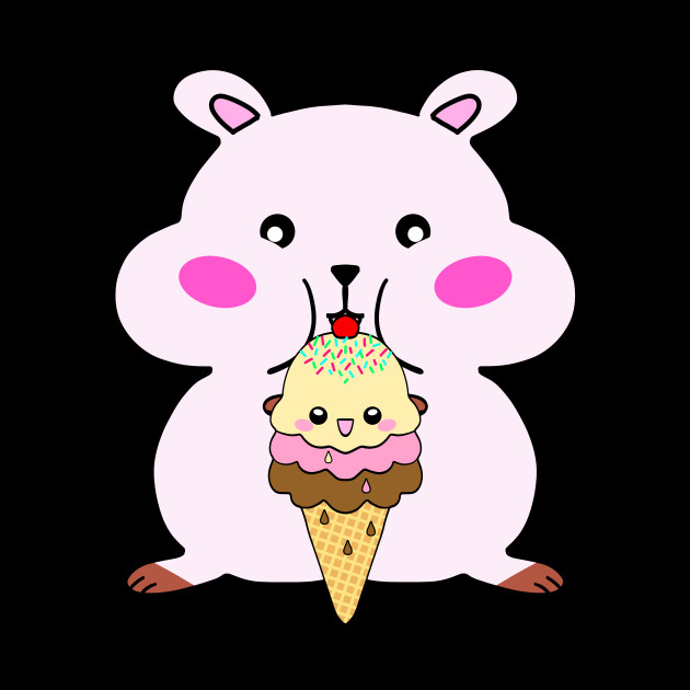 Cute little funny happy hamster with a yummy sweet ice cream cone funny animal cartoon. Gift for ...