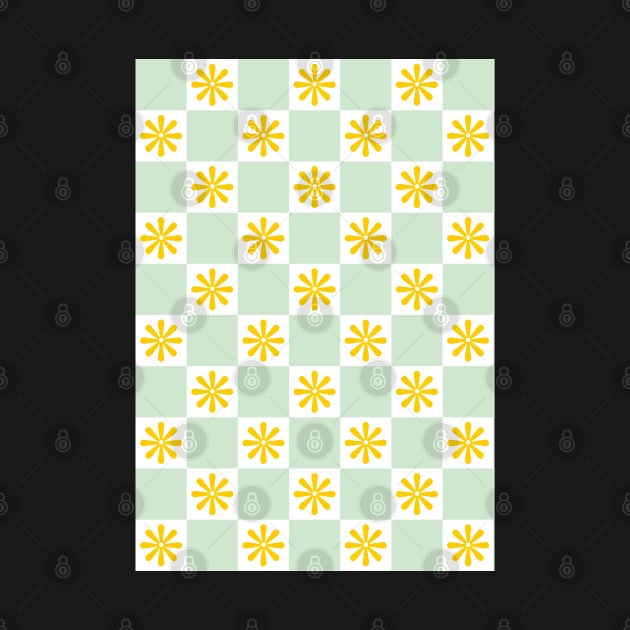 Retro Yellow, Green Checkered Floral Pattern by Just a Cute World