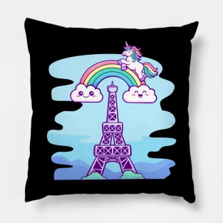 Magical Monochrome: Kawaii Unicorn and Rainbow Eiffel Tower Pillow