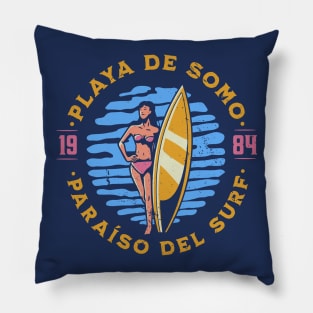 Vintage Playa de Somo, Spain Surfer's Paradise // Retro Surfing 1980s Badge Pillow