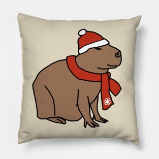 Winter Capybara Wearing Red Hat and Scarf Pillow