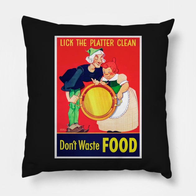 Beautifully restored reprint "Lick The Platter Clean" Jack Spratt and wife propaganda print - blue background Pillow by vintageposterco