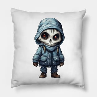 The figure of a ghoulish skull girl in a mask, wearing a cloak, perfect for Halloween, covered with snow ! Pillow