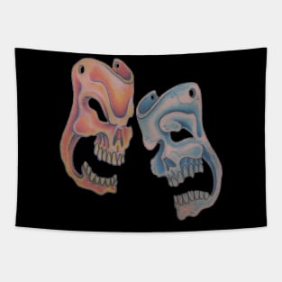 Skull Masks of Comedy & Tragedy (Green female Skull Set on Back) Tapestry