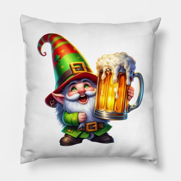 St Patricks Day Gnome Drinking Beer Pillow by Chromatic Fusion Studio