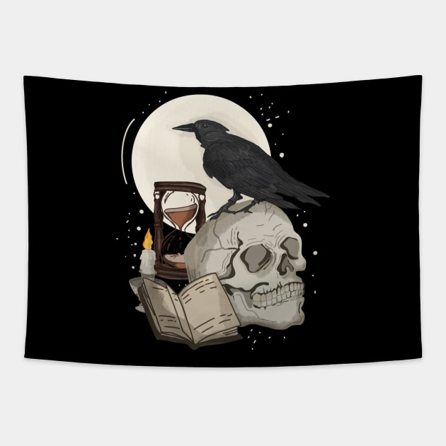 Dark Academia Raven skull Tapestry by Mitalim