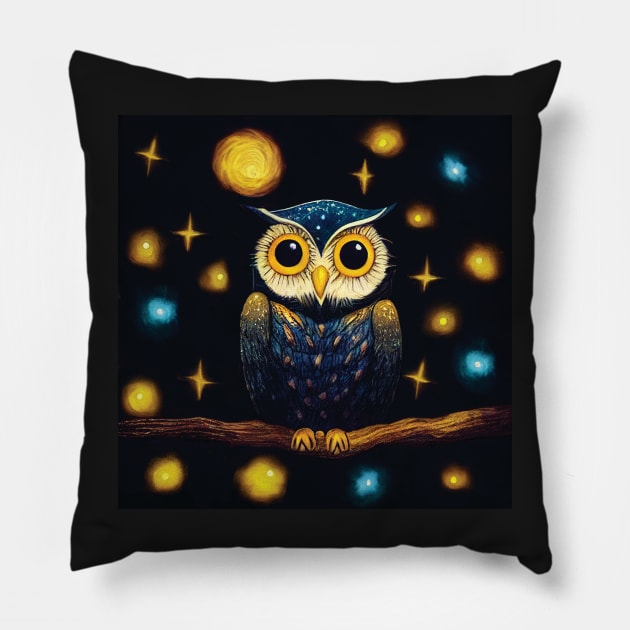 Owl on a Starry Night Pillow by Geminiartstudio