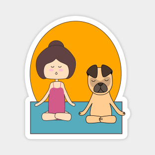 Yoga girl meditating with her pug in the sunrise Magnet