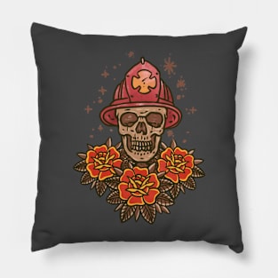 Skull firefighter with helmet and roses Pillow