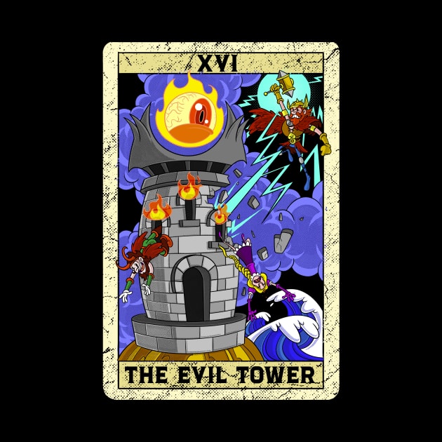 The Evil Tower and Thor old cartoon Style XVI Tarot Card by Juandamurai