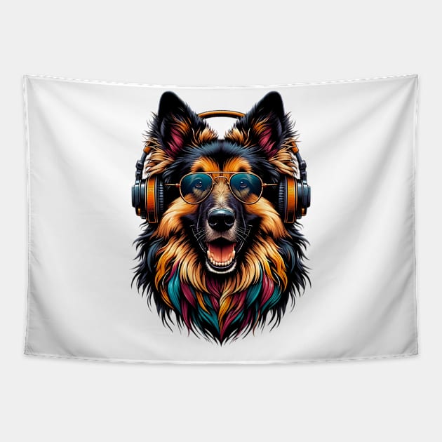 Grinning Bohemian Shepherd as Smiling DJ with Headphones Tapestry by ArtRUs