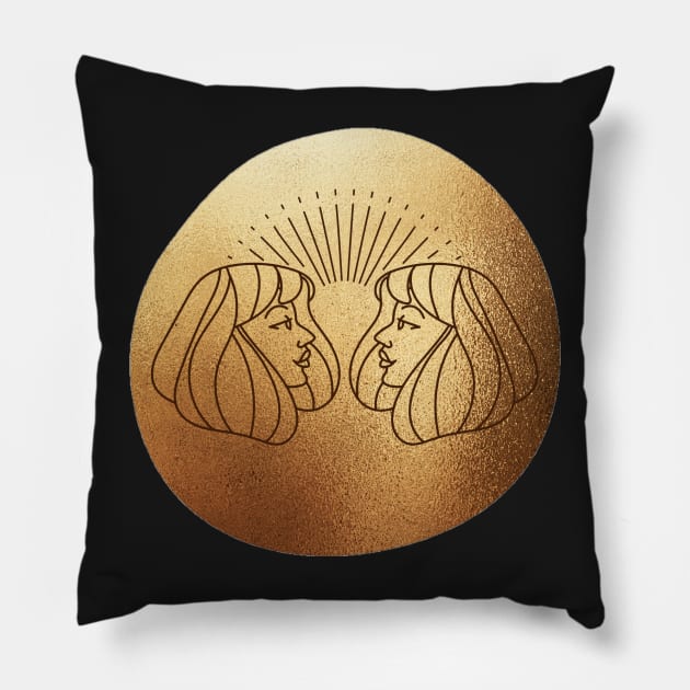 Gemini Girls Metallic Gold Pillow by Faeblehoarder