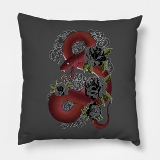 Red Snake and Black Flowers Pillow
