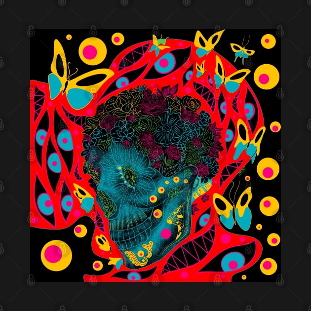 skeleton in floral crown ecopop art by jorge_lebeau