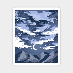 Blue cloudy sky above mountains with a crescent moon Magnet